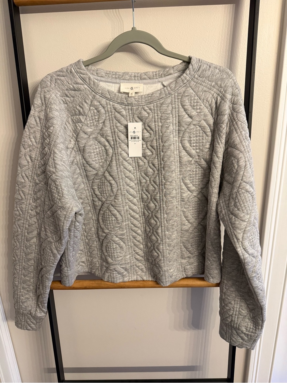 Lou & Grey Quilted Cable-Pattern Crewneck Sweater - Light Gray